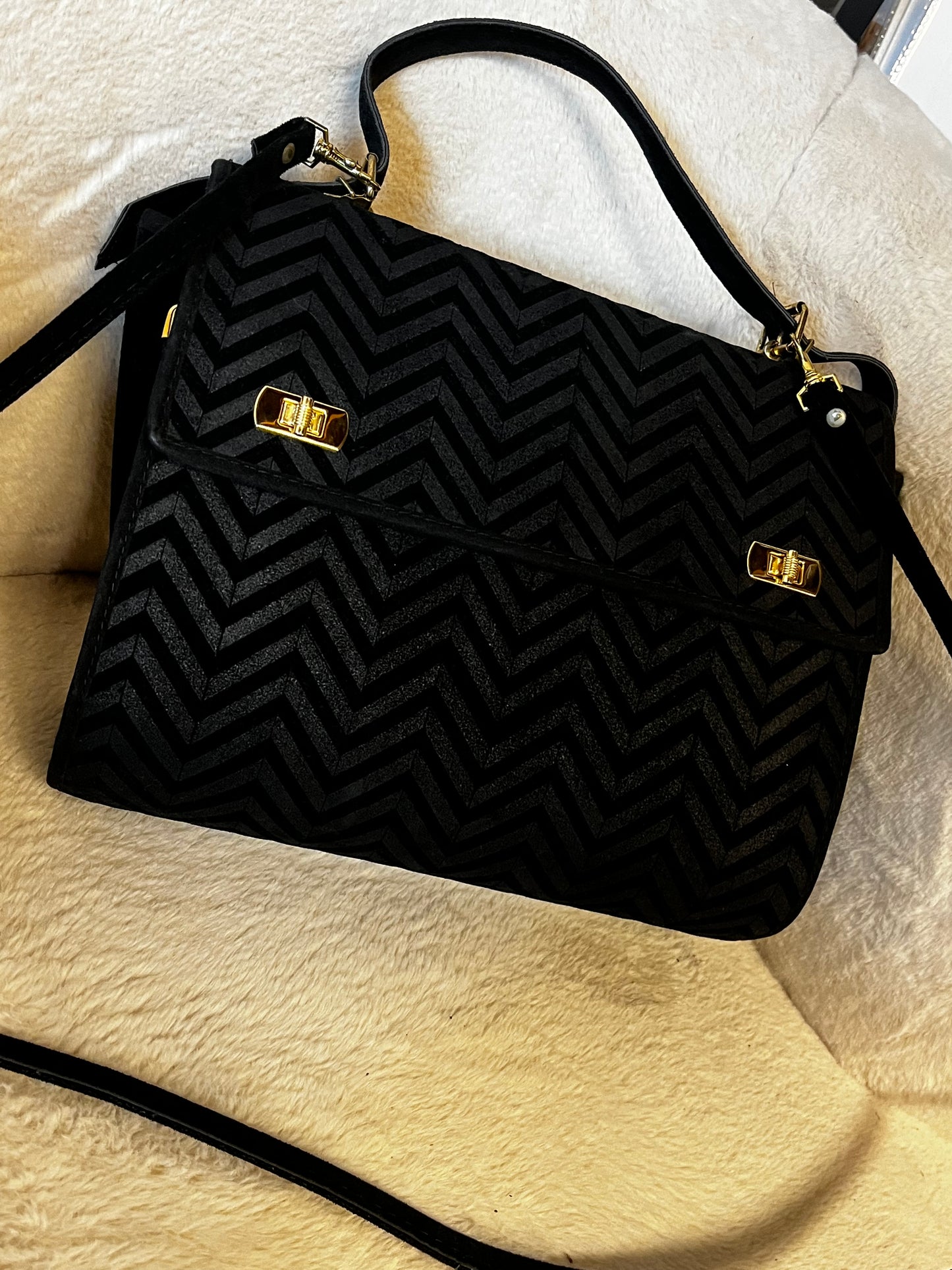 Vintage Black Velvet Chevron Scoop Bag