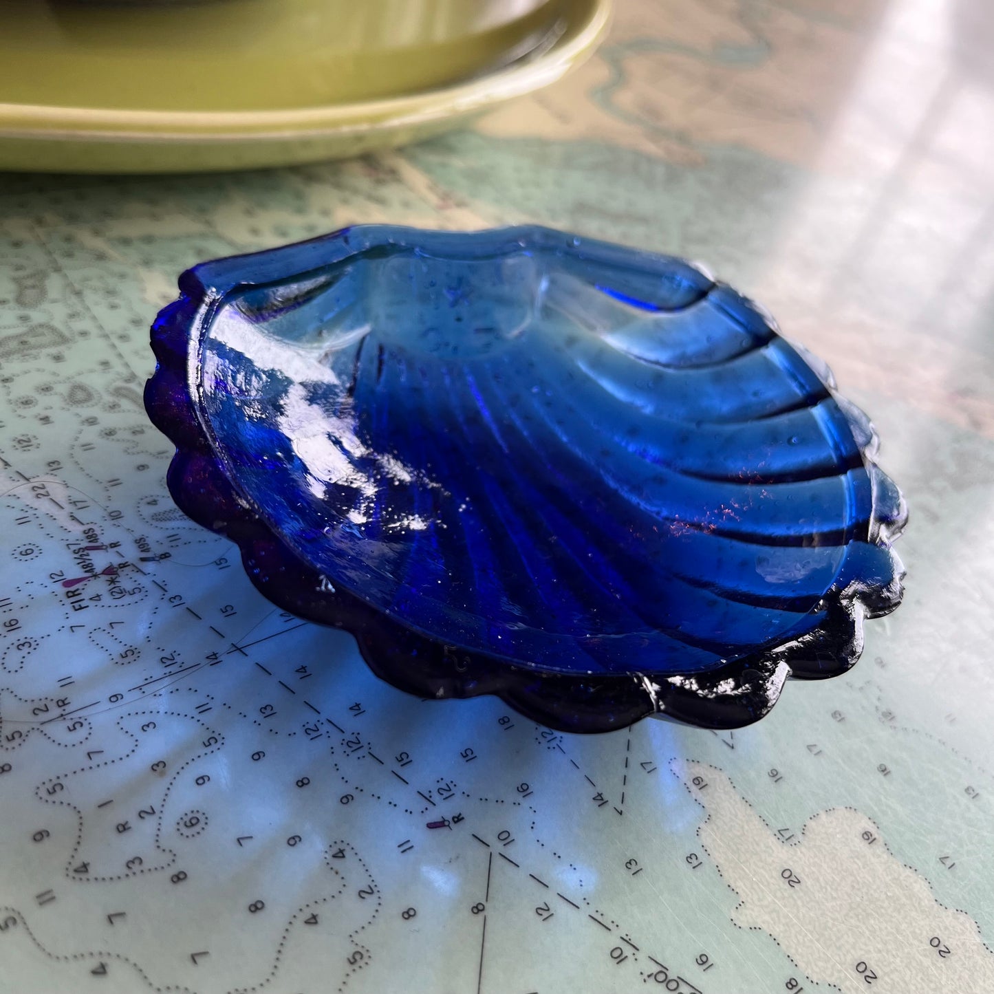 Vintage Blue Glass Seashell marked F.C.