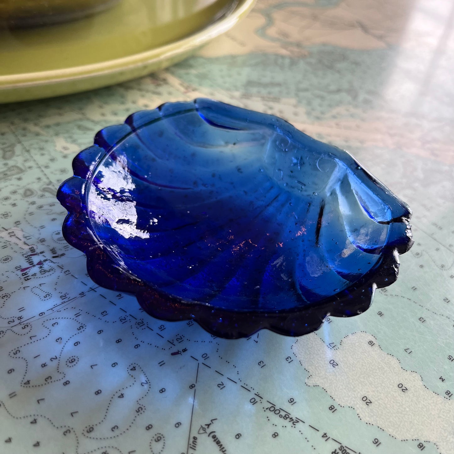 Vintage Blue Glass Seashell marked F.C.