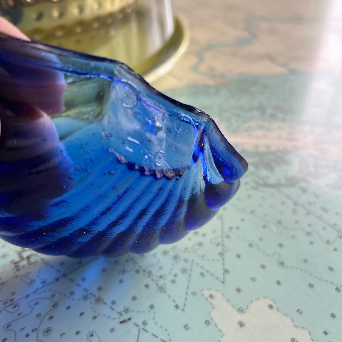 Vintage Blue Glass Seashell marked F.C.