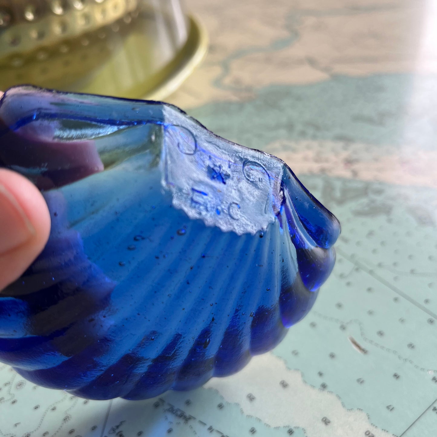 Vintage Blue Glass Seashell marked F.C.