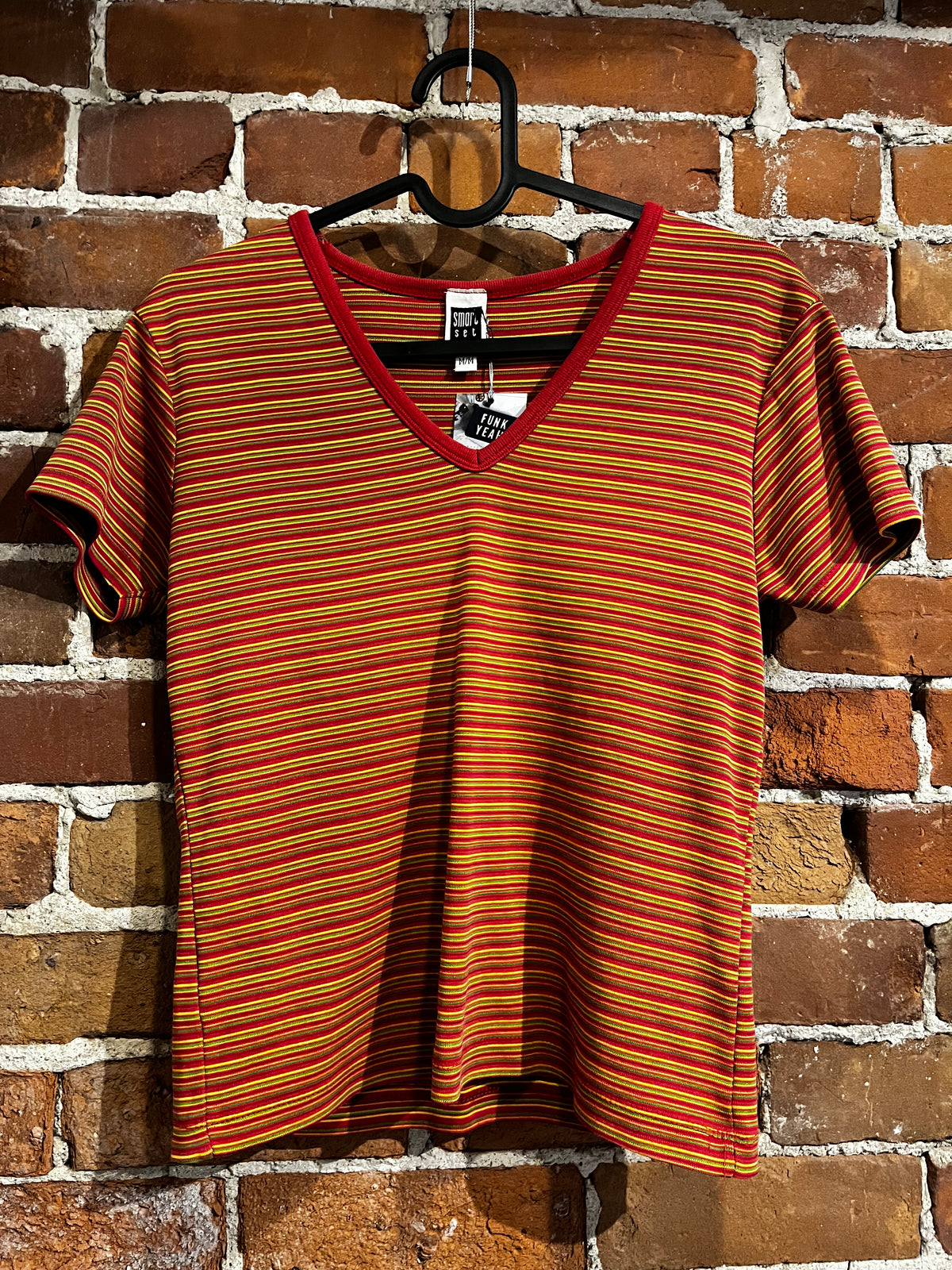 Vintage 90s Smart Set V Neck Stripe Orange Baby Tee Shirt