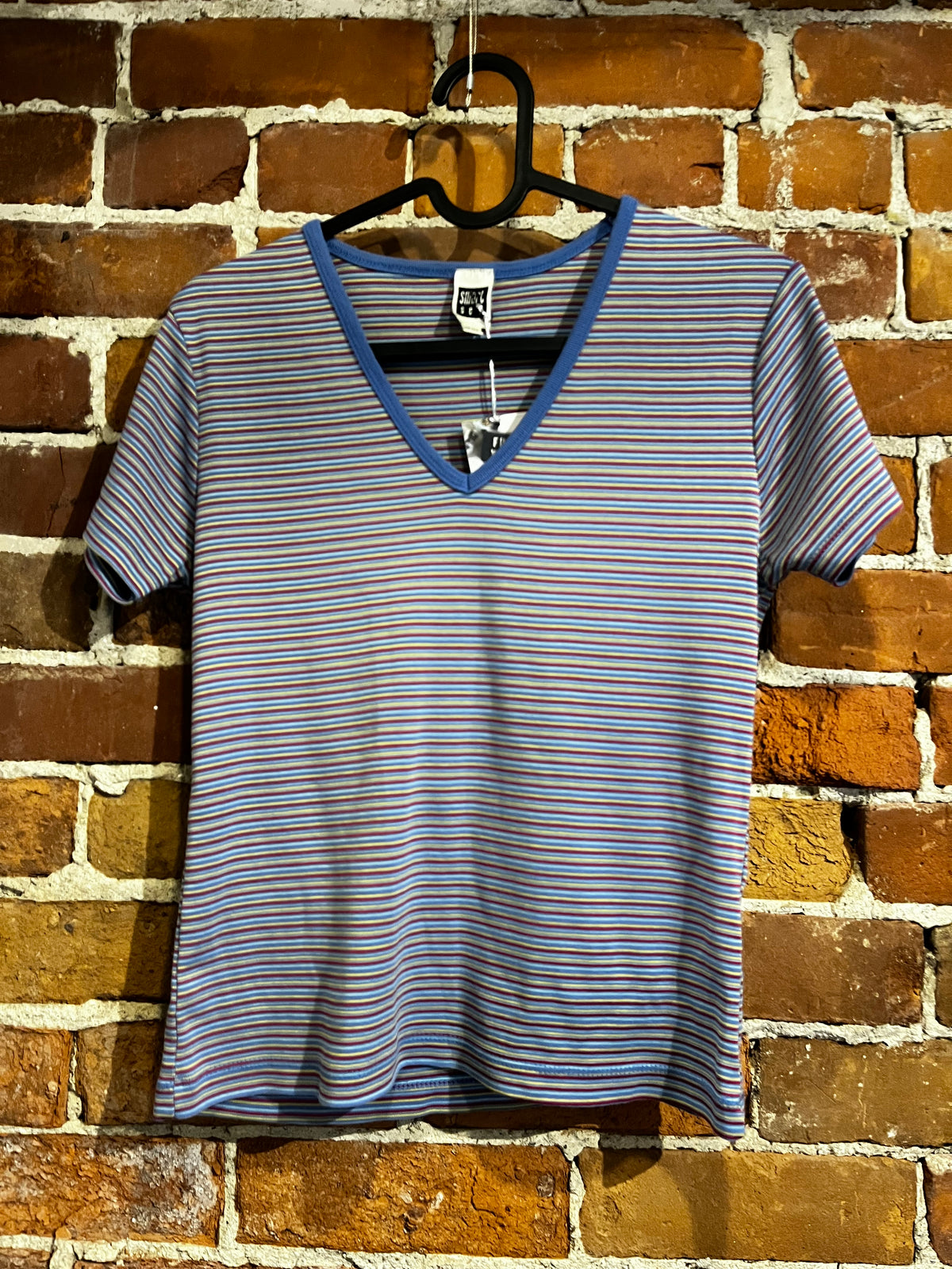 Vintage 90s Smart Set V Neck Pin Stripe Blue Baby Tee Shirt