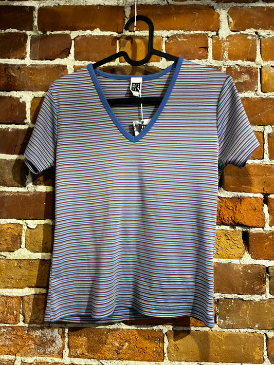 Vintage 90s Smart Set V Neck Pin Stripe Blue Baby Tee Shirt