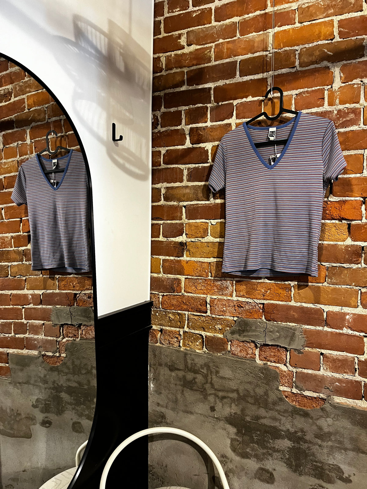 Vintage 90s Smart Set V Neck Pin Stripe Blue Baby Tee Shirt