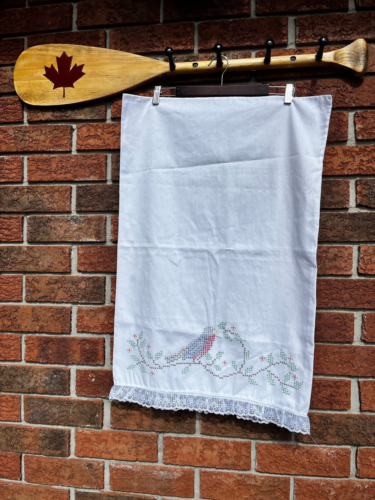 Vintage Cross Stitch Bird Pillowcase with Lace Trim