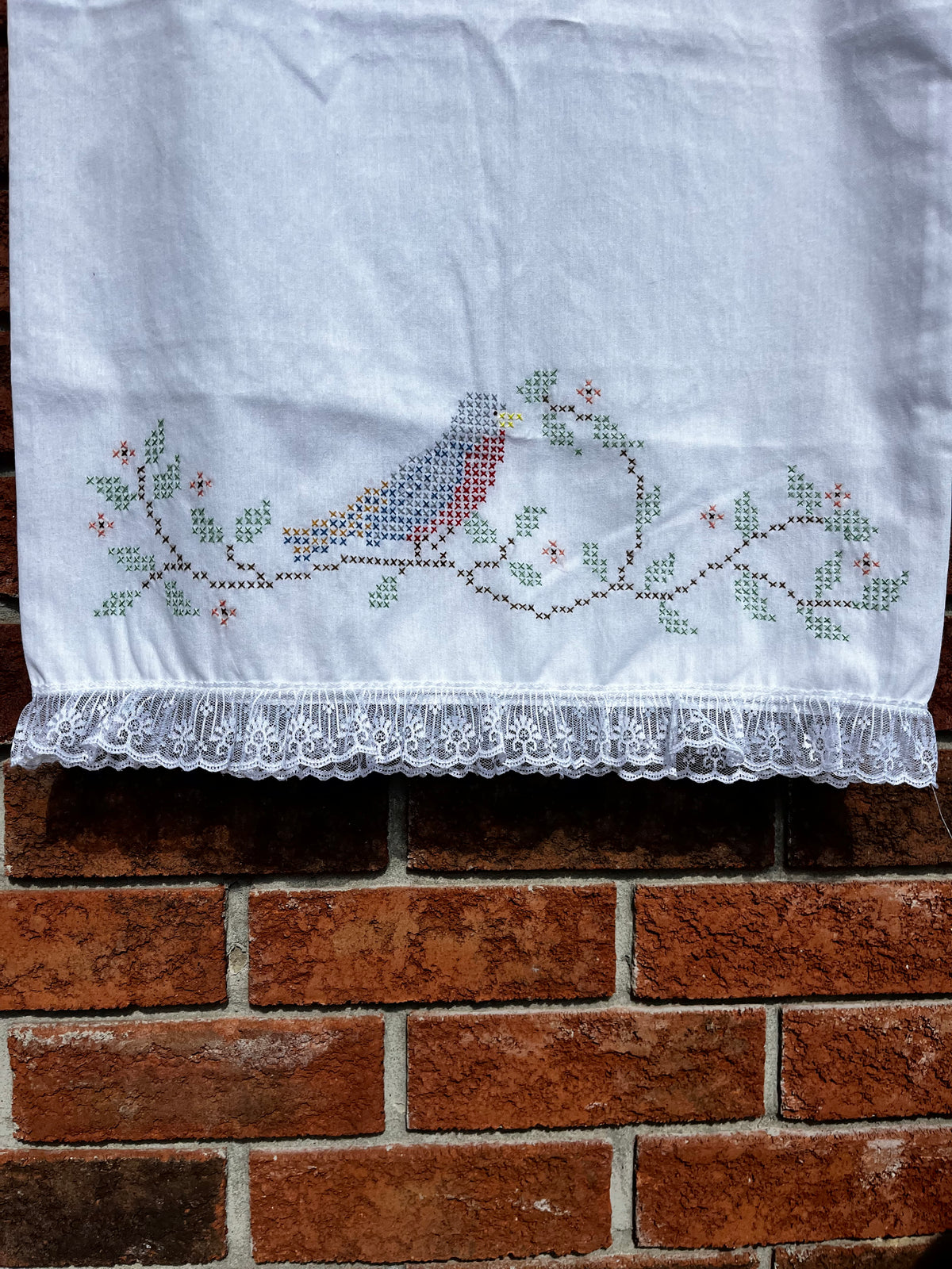 Vintage Cross Stitch Bird Pillowcase with Lace Trim