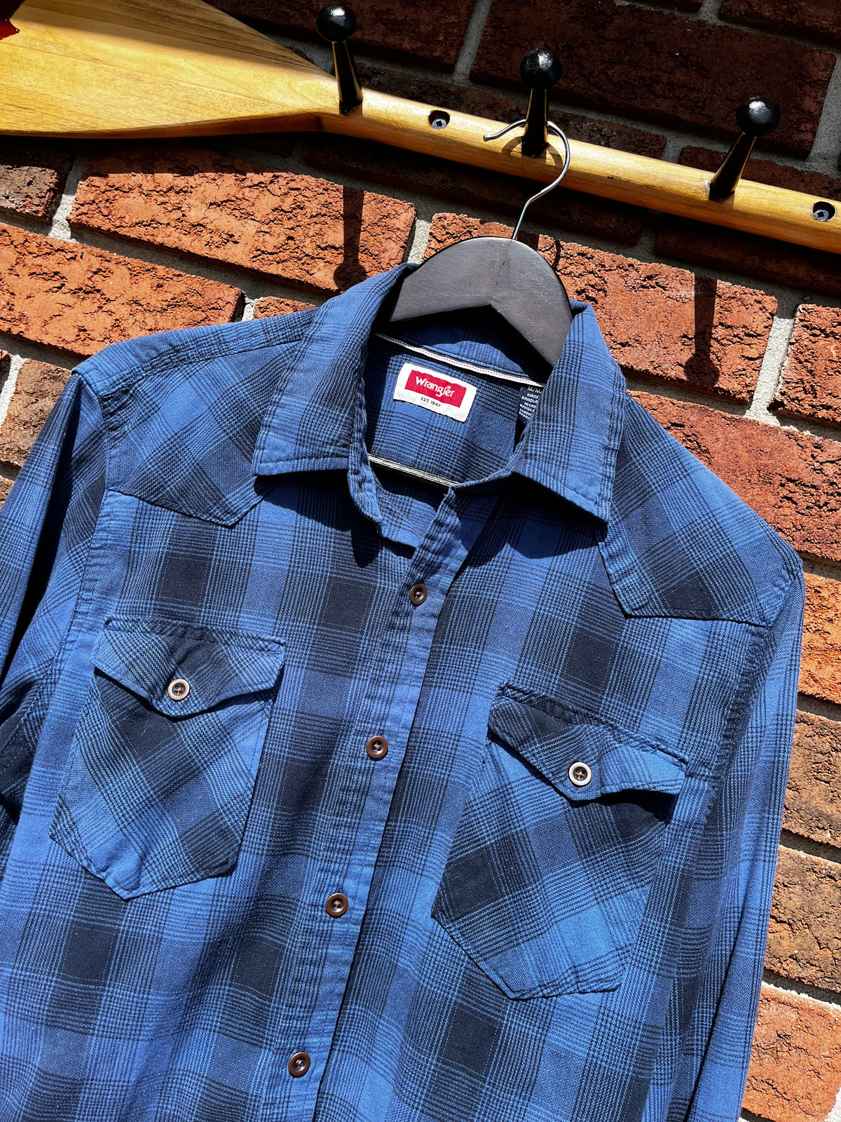 Vintage Wrangler Blue on Blue Plaid Western Style Button Up Shirt