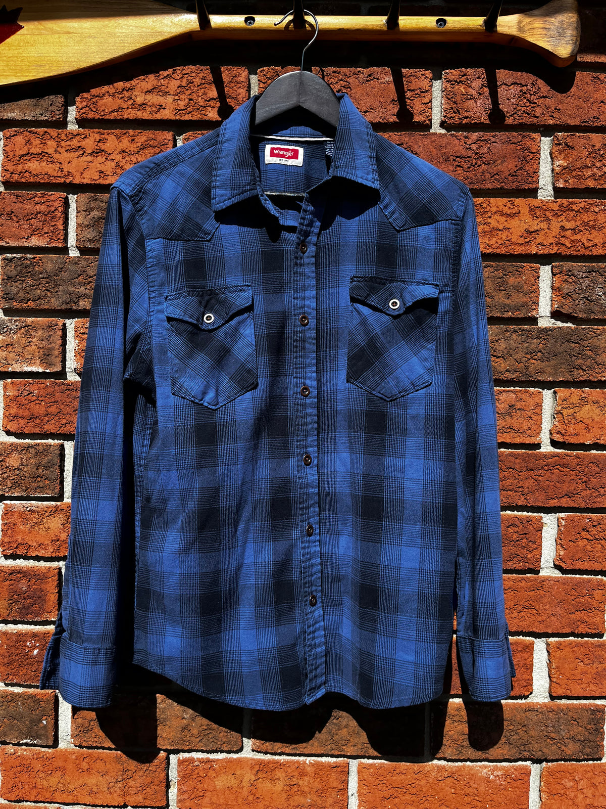 Vintage Wrangler Blue on Blue Plaid Western Style Button Up Shirt