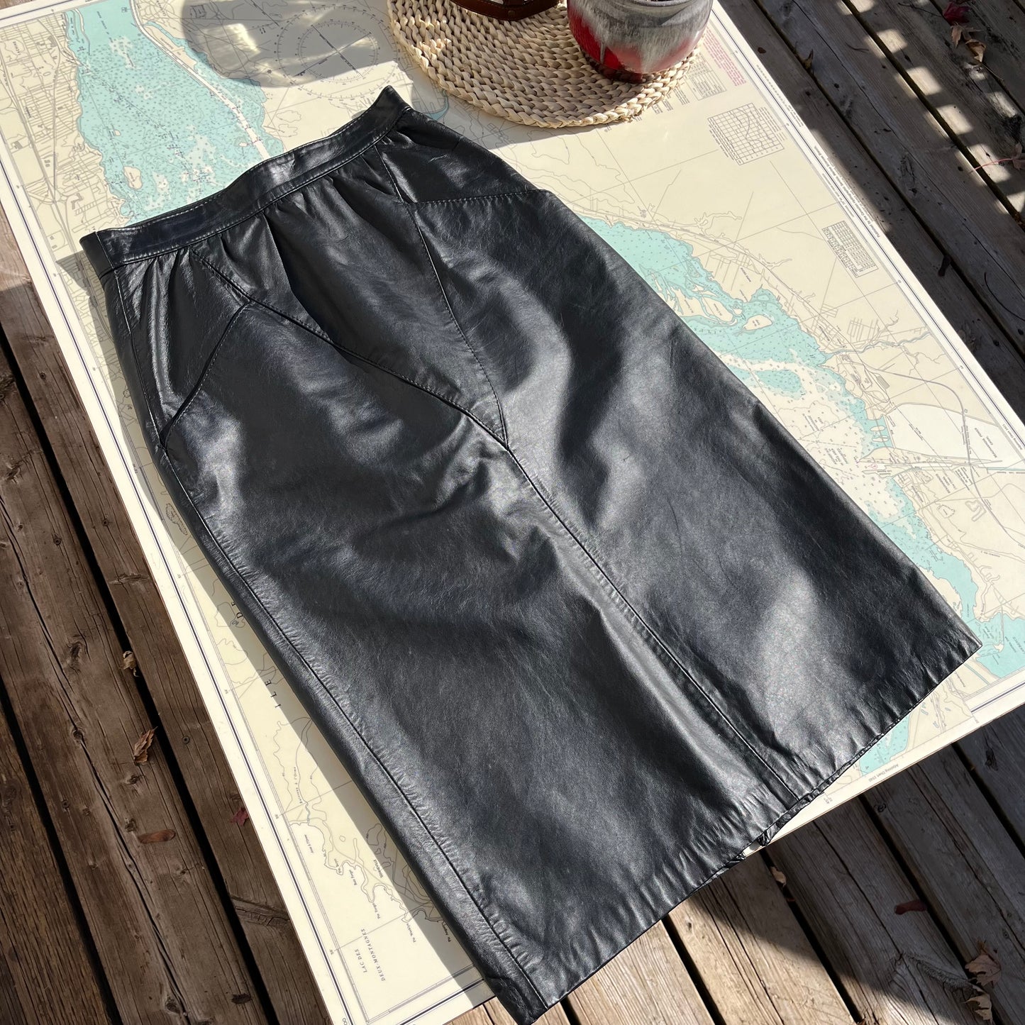 Vintage Sylvia Mark Black Leather Midi Skirt sz9