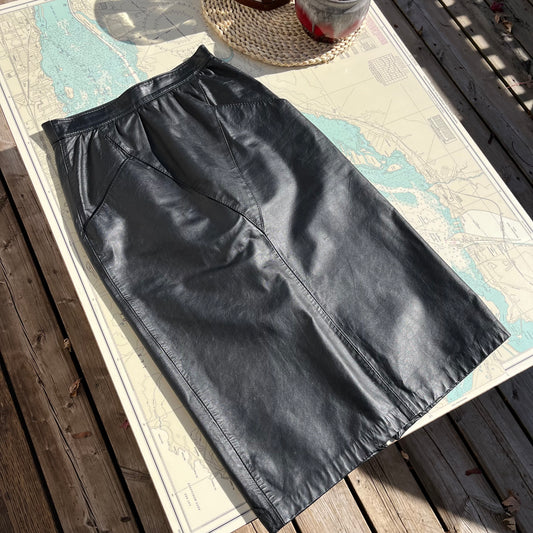 Vintage Sylvia Mark Black Leather Midi Skirt sz9