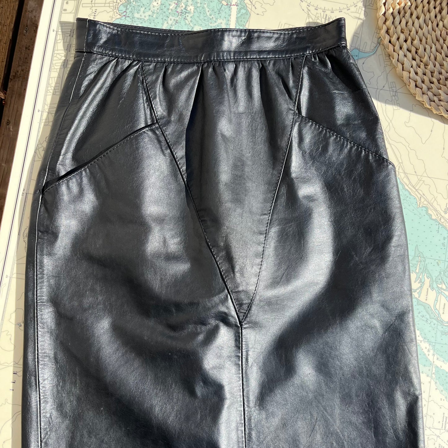 Vintage Sylvia Mark Black Leather Midi Skirt sz9