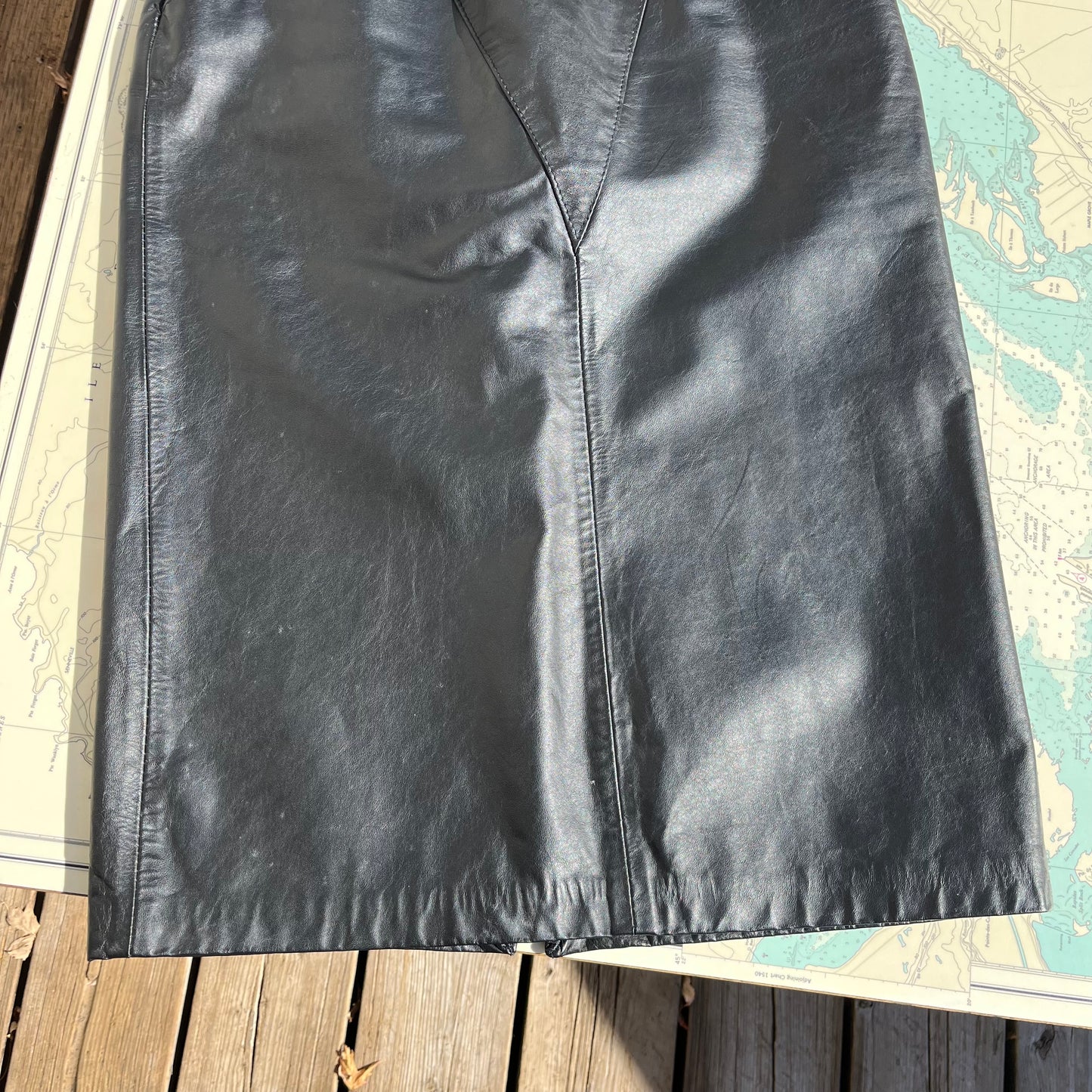 Vintage Sylvia Mark Black Leather Midi Skirt sz9