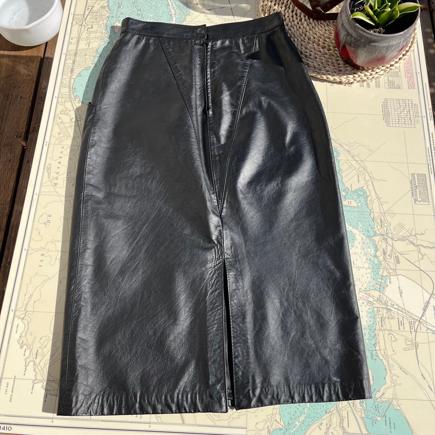 Vintage Sylvia Mark Black Leather Midi Skirt sz9