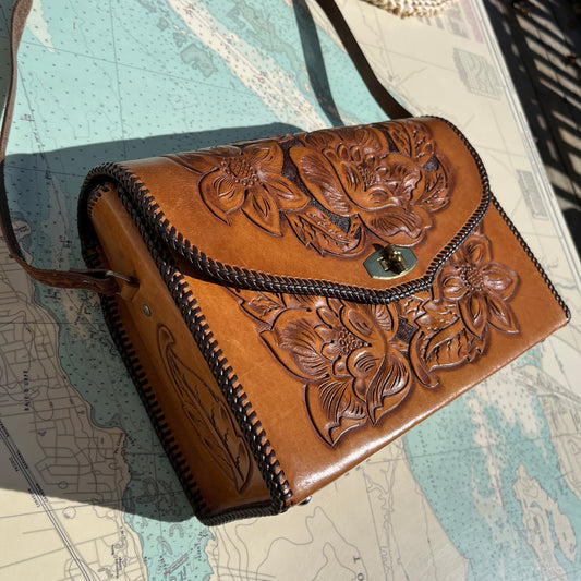 Vintage Floral Tooled Leather Structured Purse