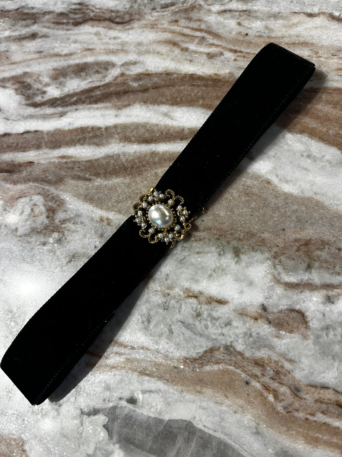 Vintage Velvet and Pearl Cabochon Choker Necklace