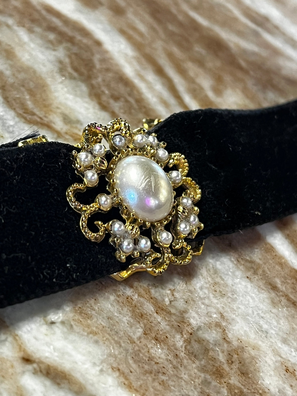 Vintage Velvet and Pearl Cabochon Choker Necklace
