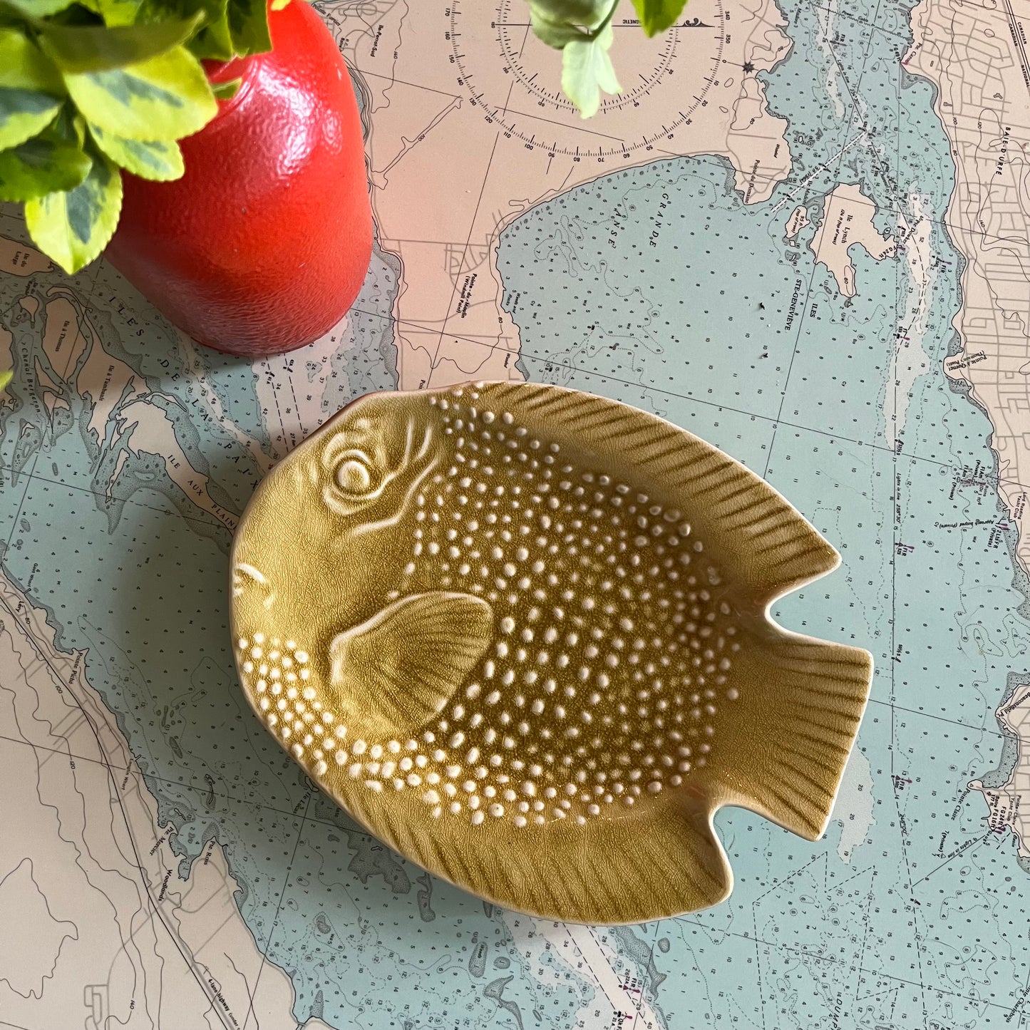 Vintage Abbott Ceramic Yellow Fish Tray / Platter
