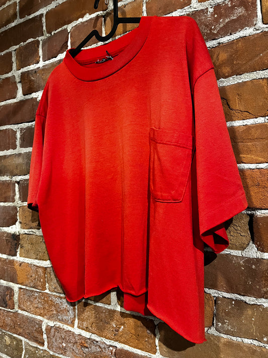 Vintage Plain Red Cropped Single Stitch Tee with Pocket