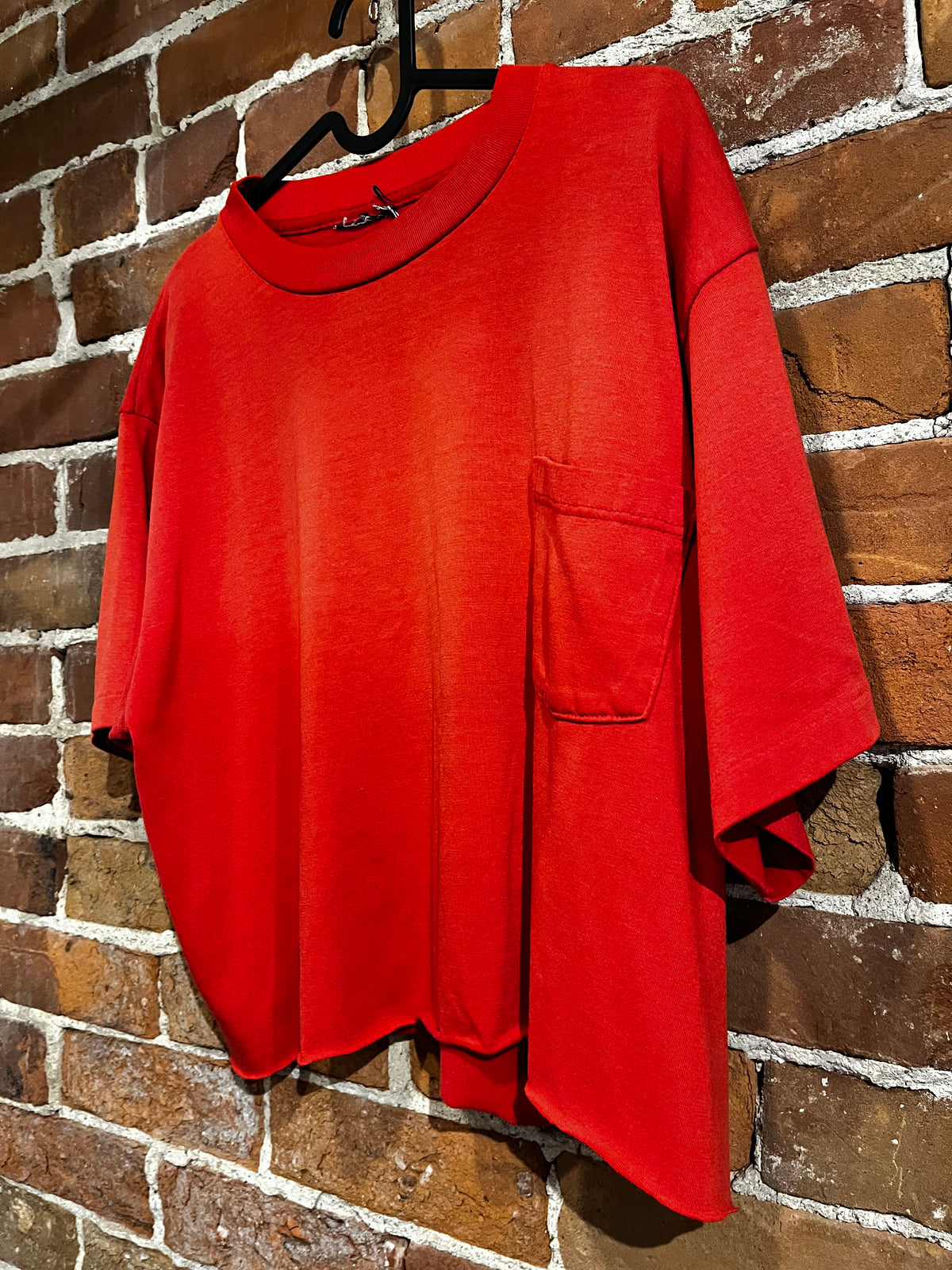 Vintage Plain Red Cropped Single Stitch Tee with Pocket