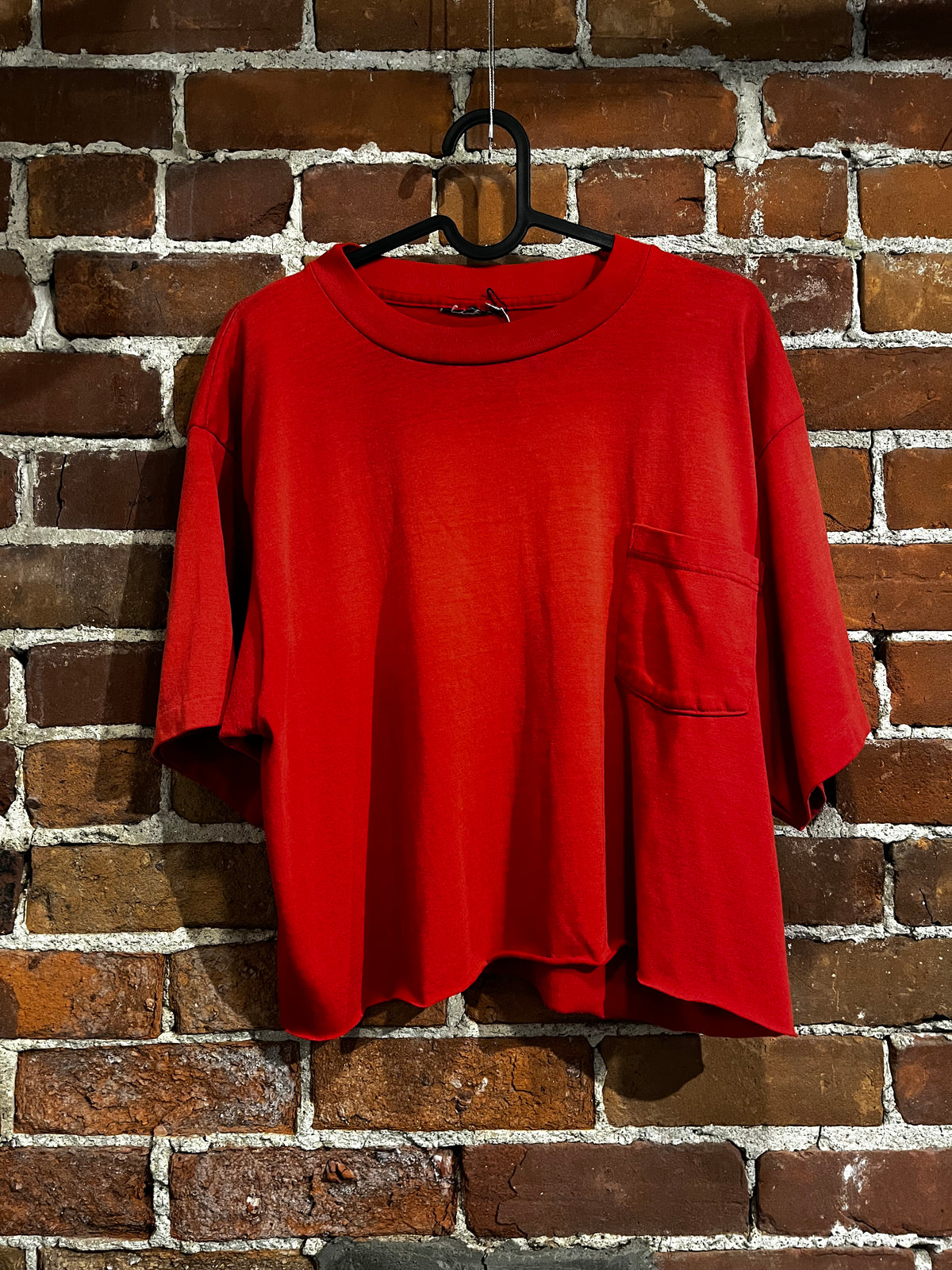 Vintage Plain Red Cropped Single Stitch Tee with Pocket