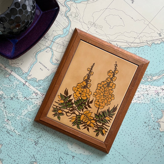 Vintage Harvest Gold Ceramic Floral Tile Trivet with Wooden Frame