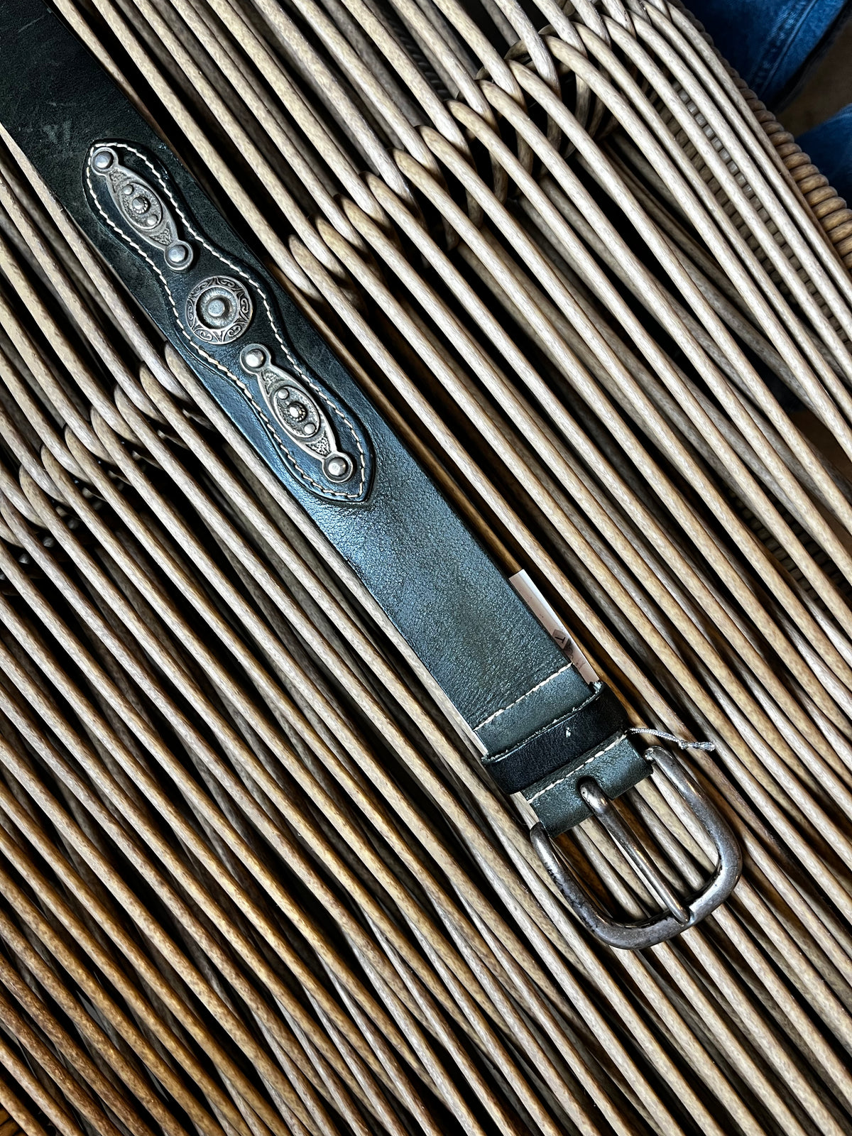 Vintage Western Embellished Detail Green Leather Belt