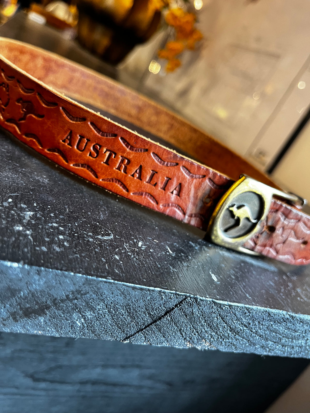 Vintage Brass Tooled Leather Australia Belt with Kangaroo Buckle