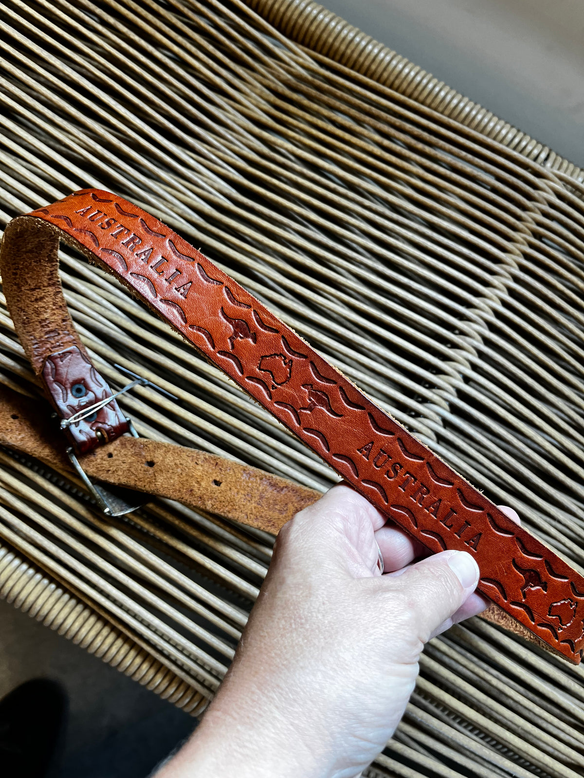 Vintage Brass Tooled Leather Australia Belt with Kangaroo Buckle