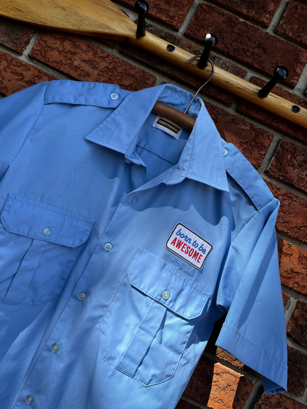 Vintage Blue Born To Be Awesome Button Up Cropped Uniform Shirt