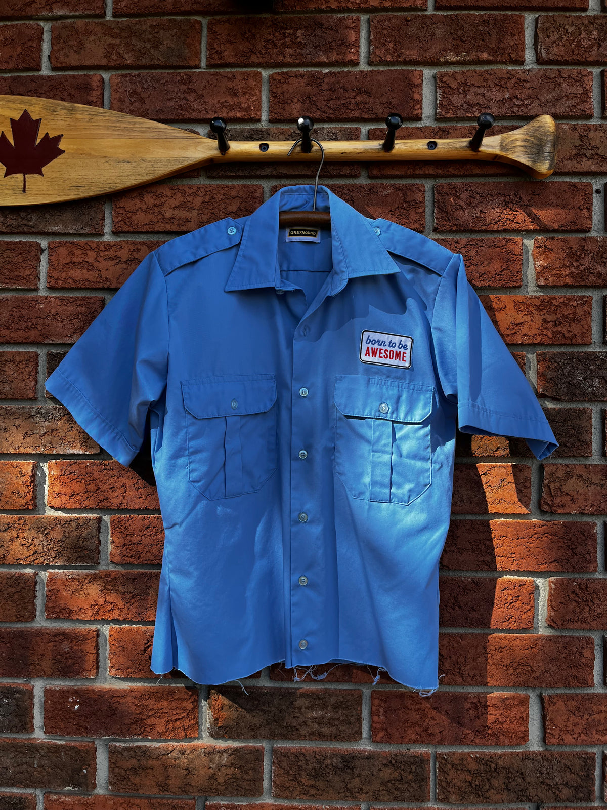 Vintage Blue Born To Be Awesome Button Up Cropped Uniform Shirt