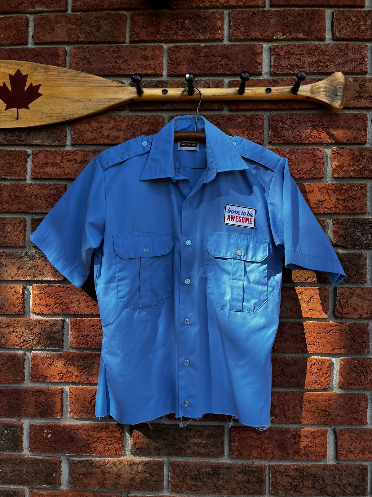 Vintage Blue Born To Be Awesome Button Up Cropped Uniform Shirt
