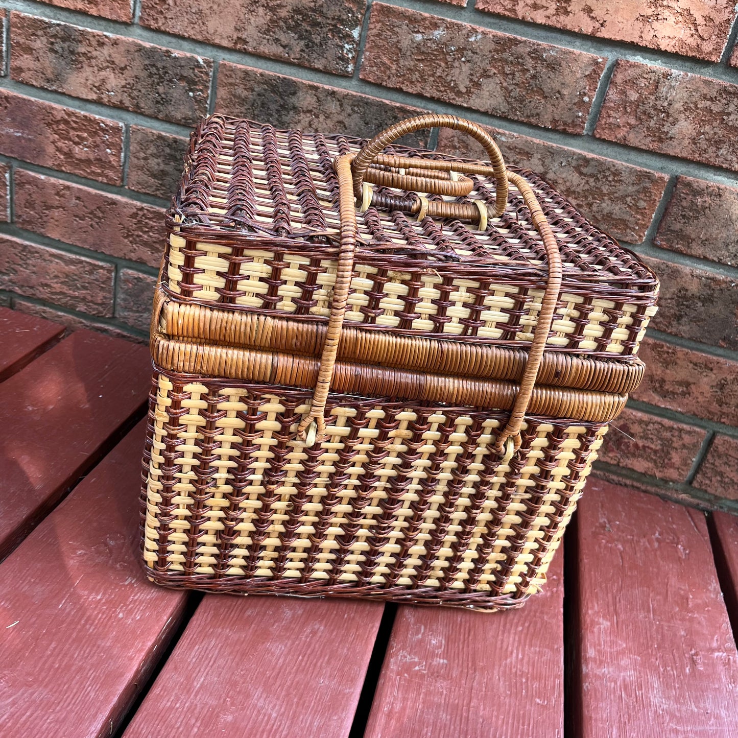 Vintage Large Square Wicker Picnic Basket with Gingham Fabric Lining