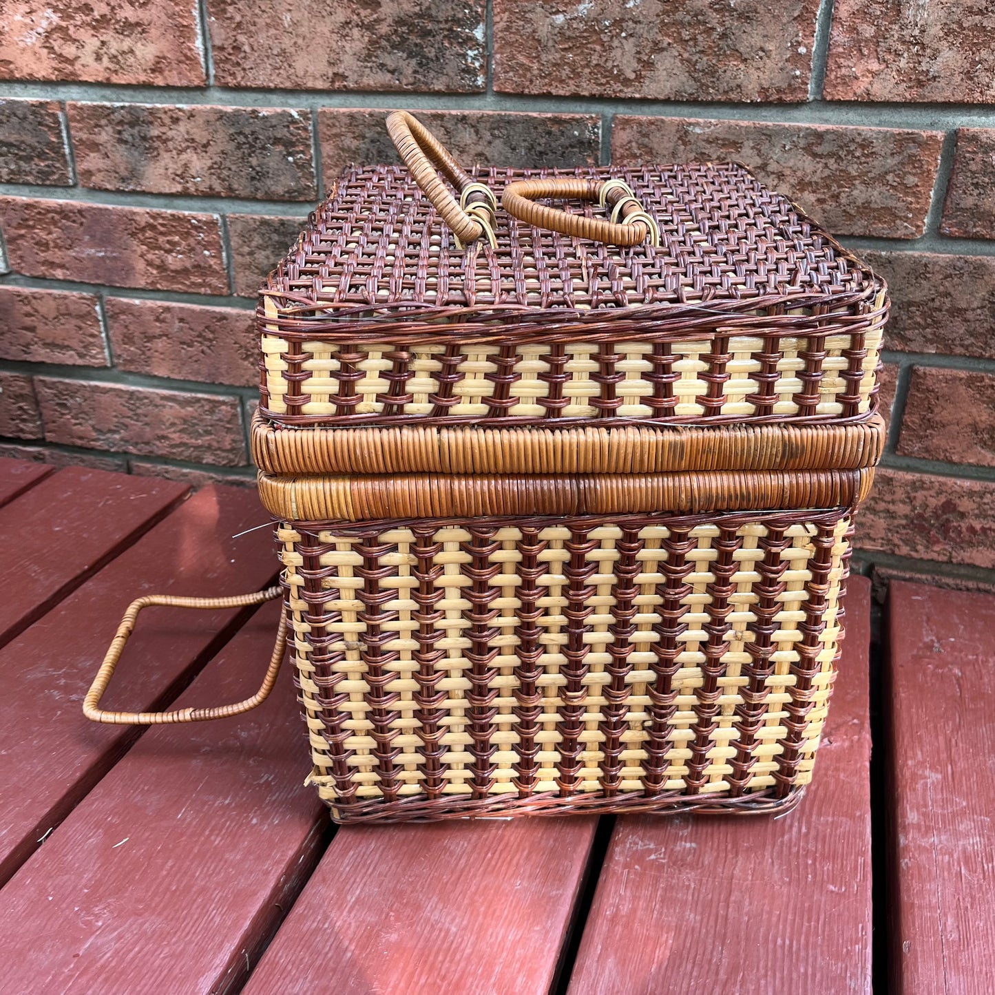 Vintage Large Square Wicker Picnic Basket with Gingham Fabric Lining