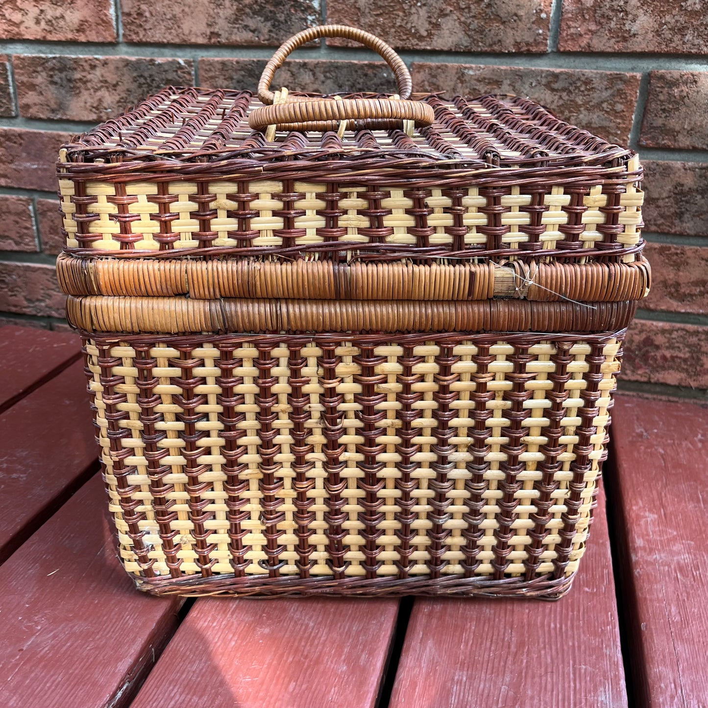 Vintage Large Square Wicker Picnic Basket with Gingham Fabric Lining