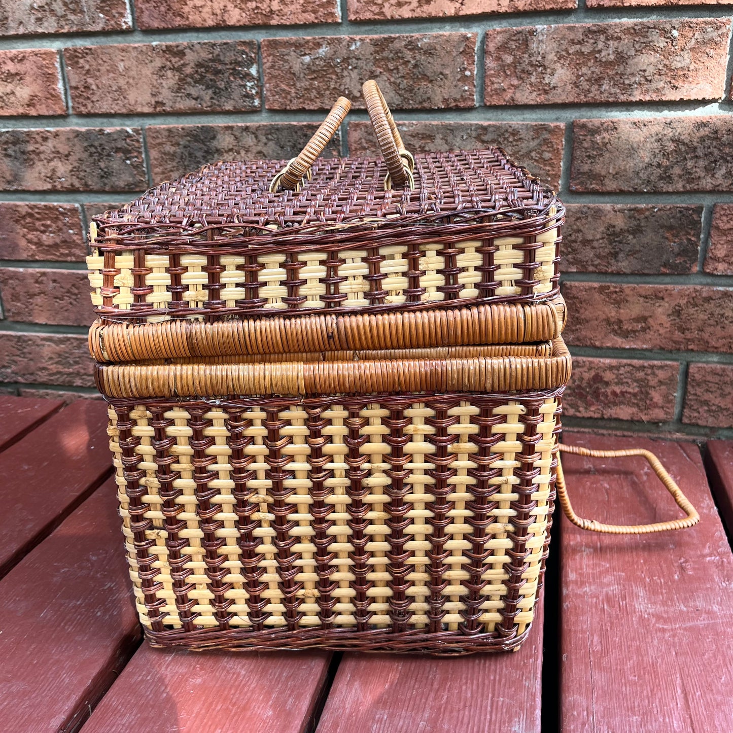 Vintage Large Square Wicker Picnic Basket with Gingham Fabric Lining