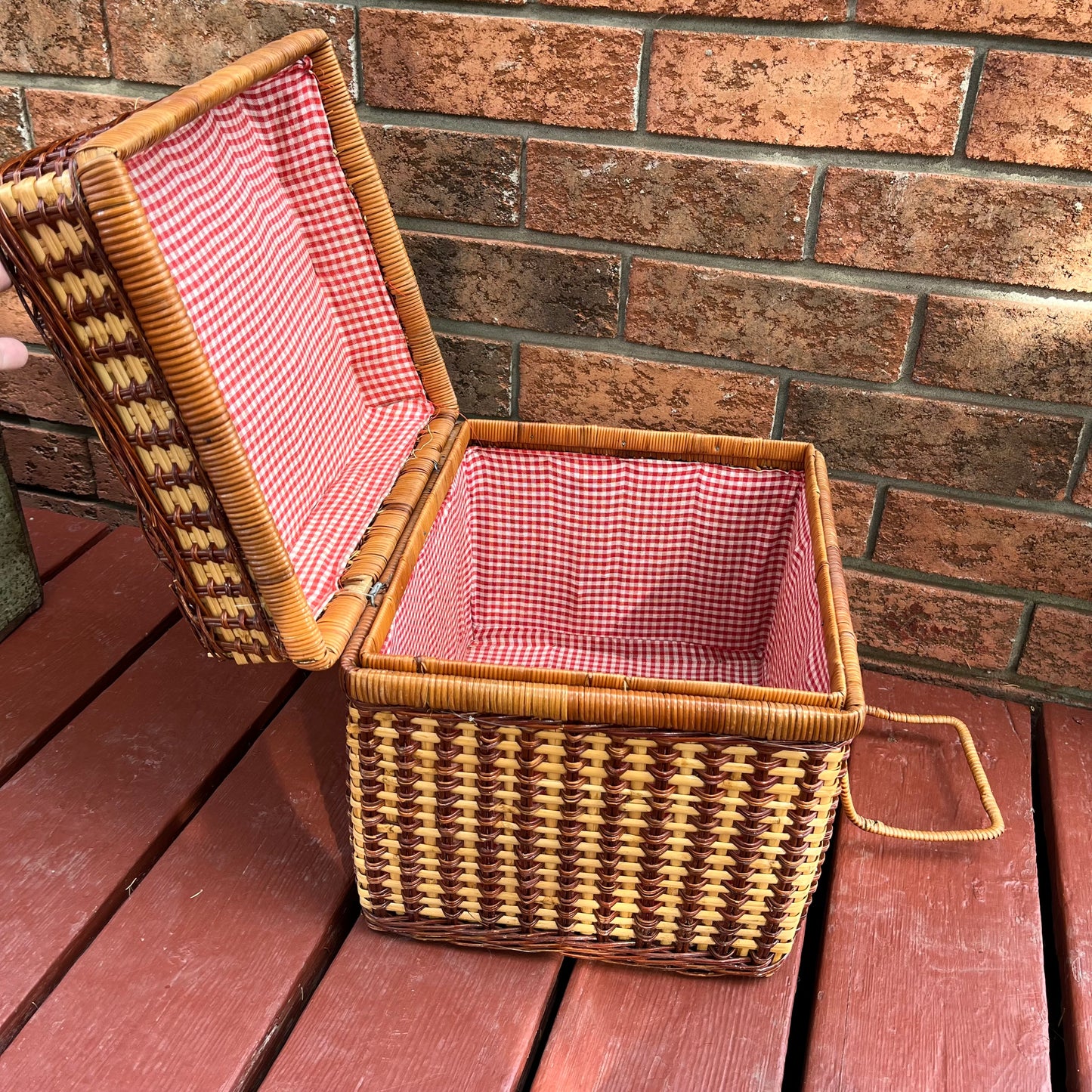 Vintage Large Square Wicker Picnic Basket with Gingham Fabric Lining