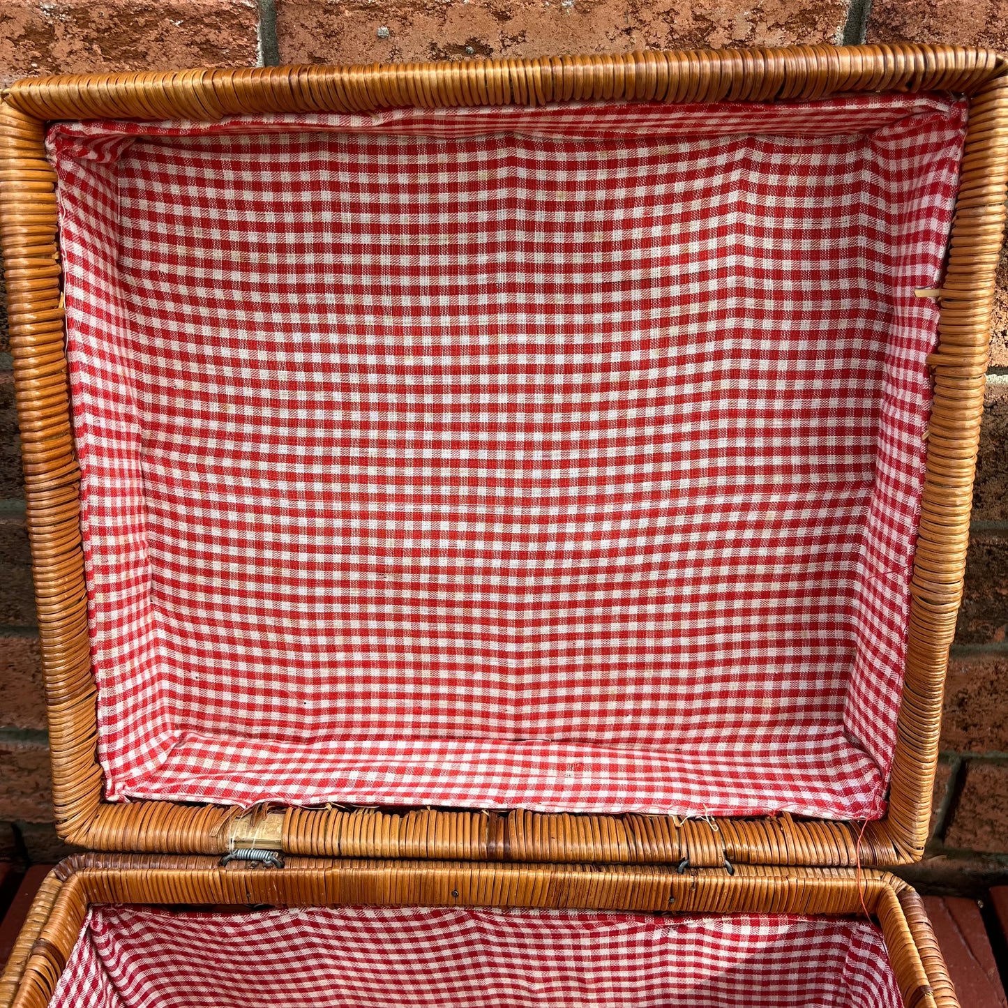 Vintage Large Square Wicker Picnic Basket with Gingham Fabric Lining