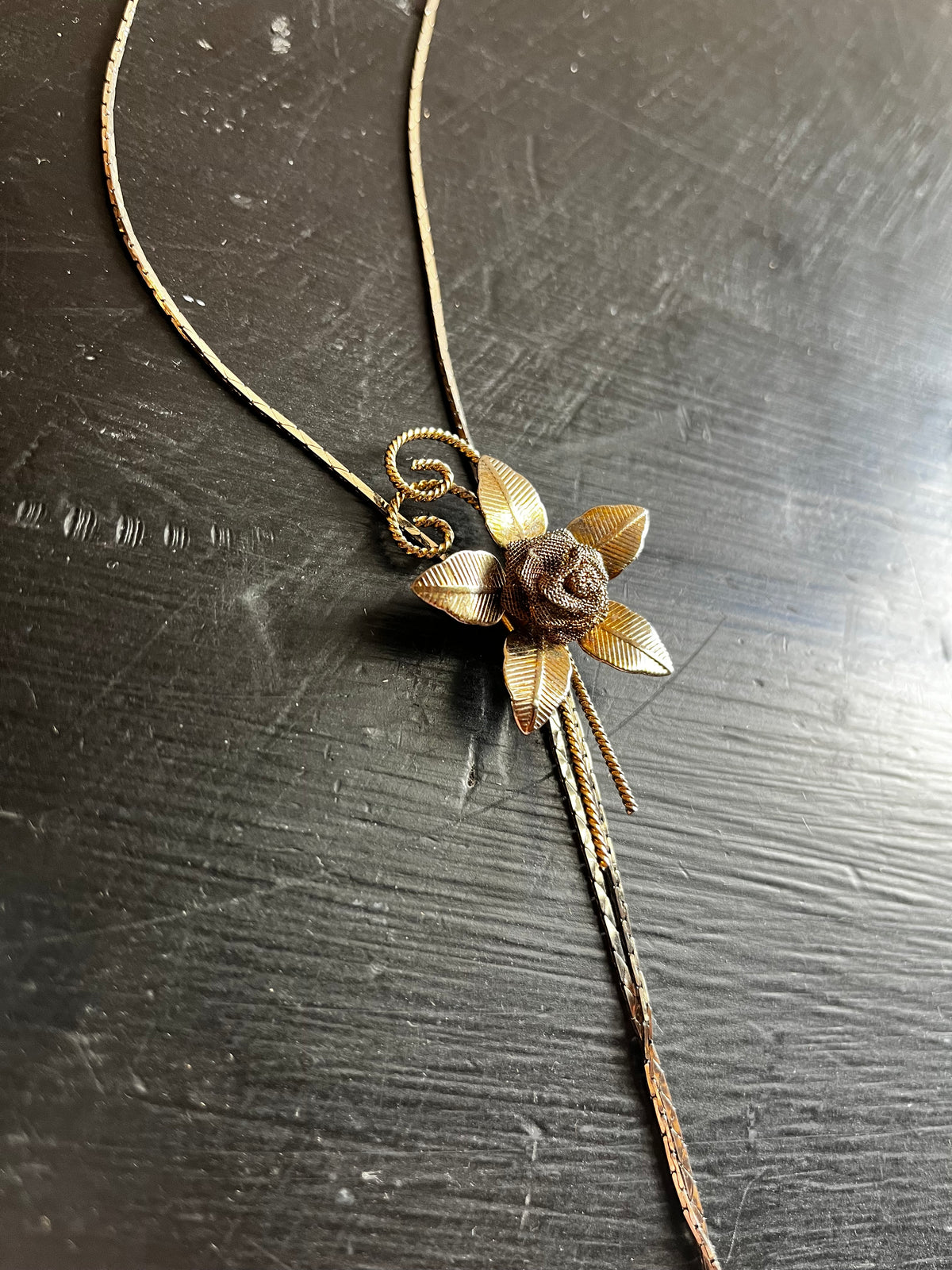 Vintage Metal Floral Bolo Tie / Adjustable Necklace