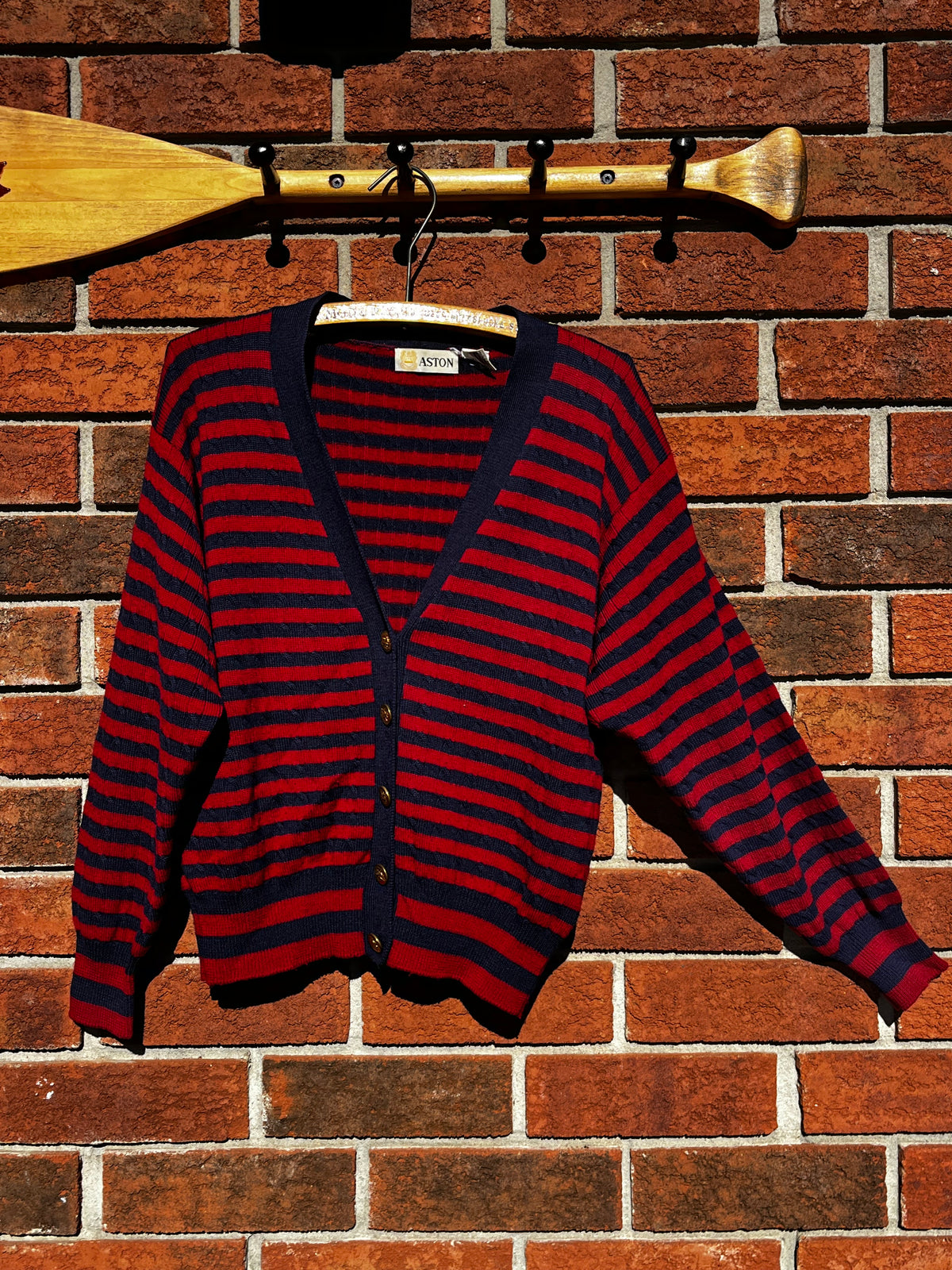 Vintage Aston Wool Red and Navy Striped Cardigan