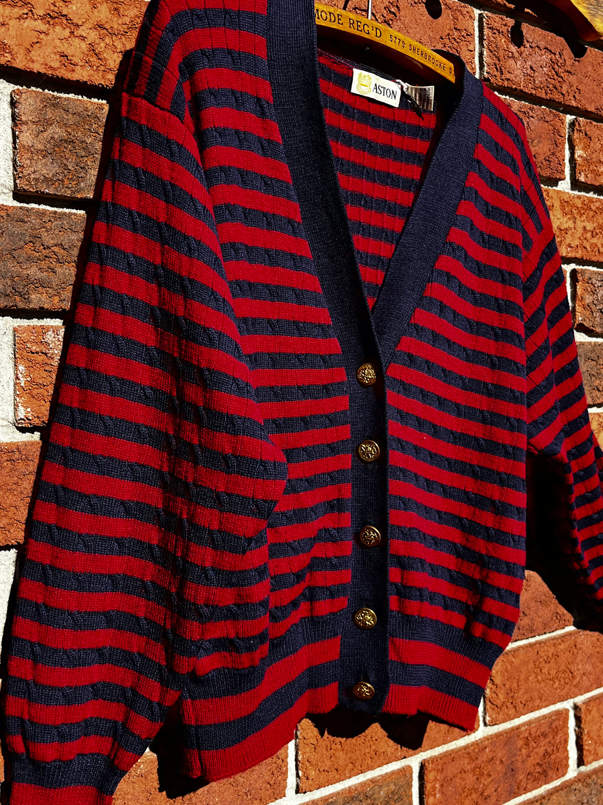 Vintage Aston Wool Red and Navy Striped Cardigan