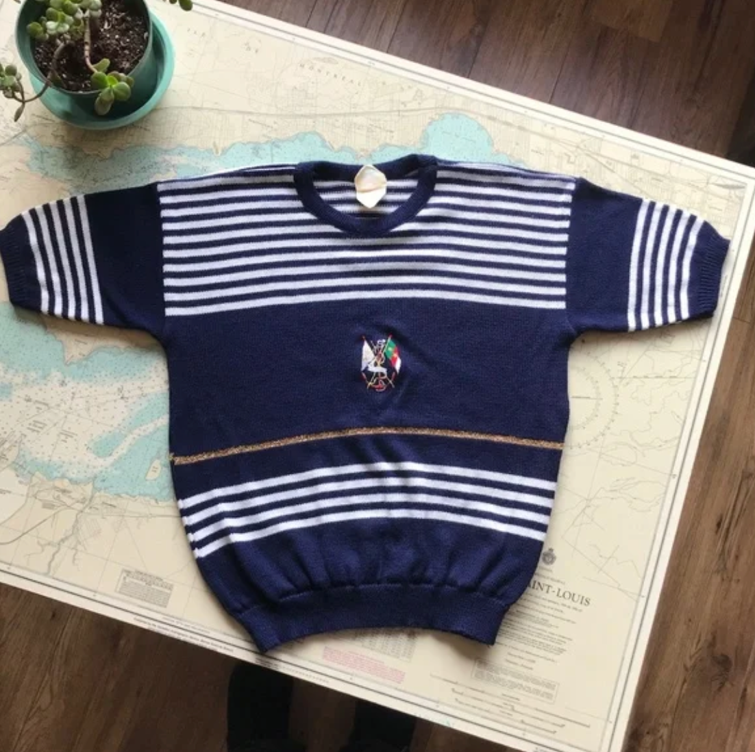 Vintage 80s Nautical Knit Short Sleeve Sweater