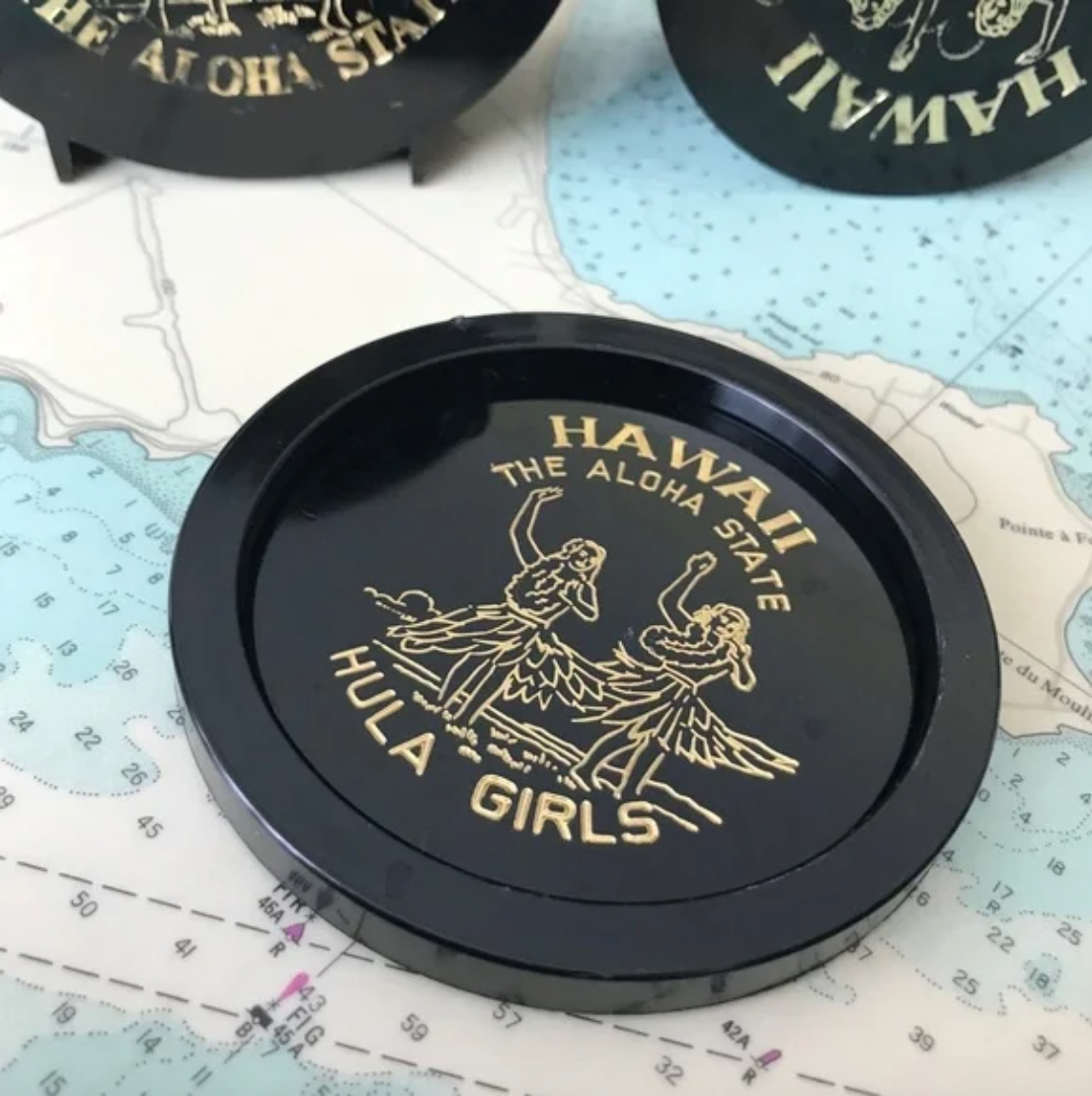Retro Hawaii Hula Girl Plastic Souvenir Coaster Set