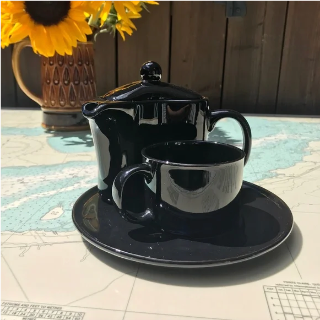 Vintage Curved Black Mod Single Serve Tea Pot / Cup / Saucer Combo Set