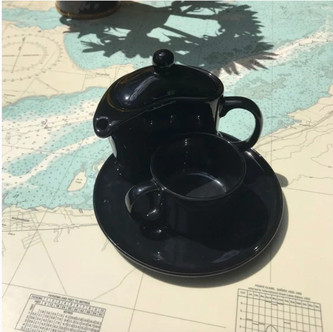 Vintage Curved Black Mod Single Serve Tea Pot / Cup / Saucer Combo Set
