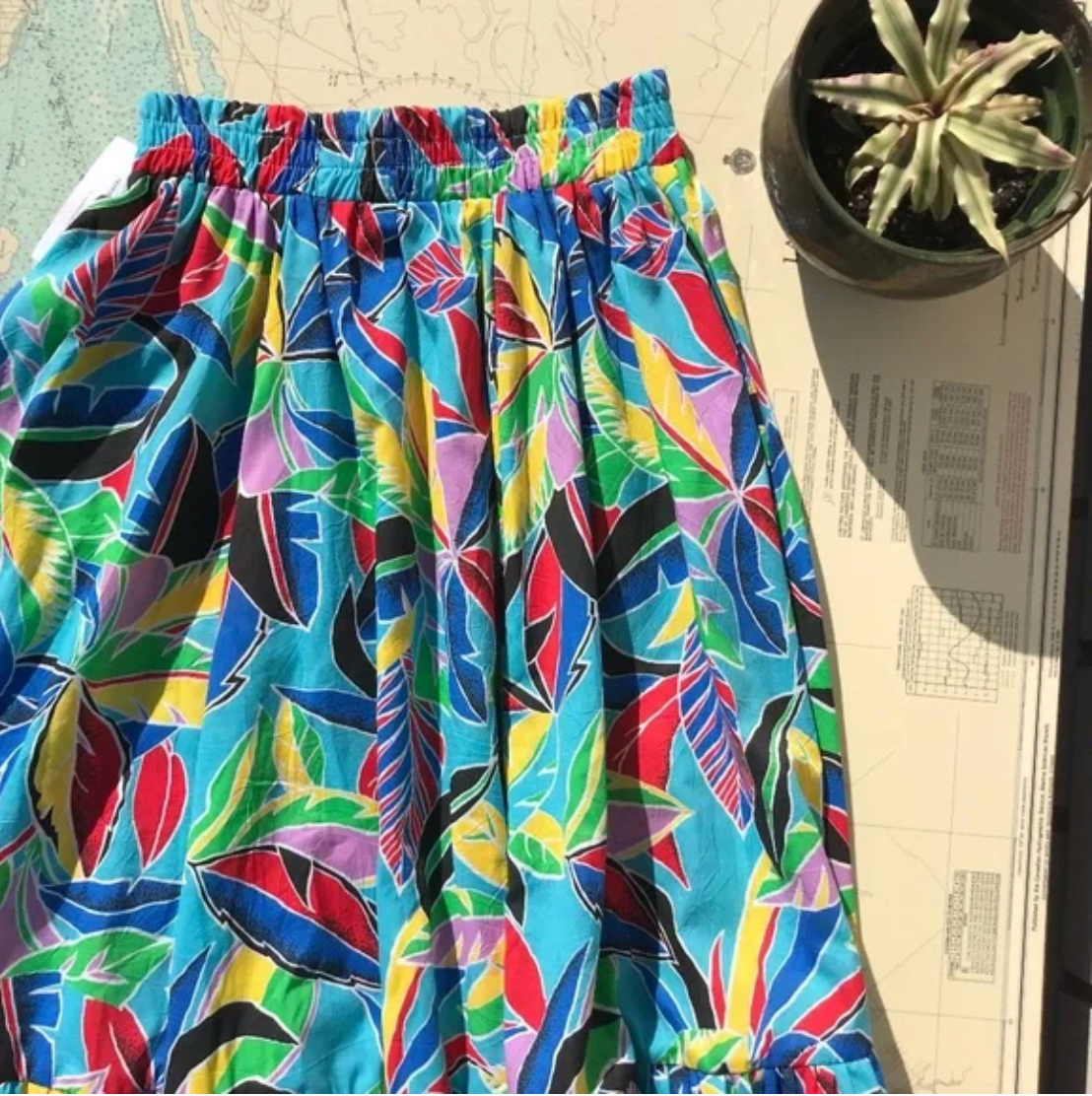 Vintage Tropical Pattern Tiered Skirt