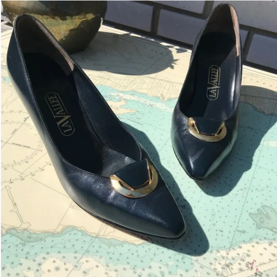 Vintage LaVallee Navy and Gold Leather Pumps