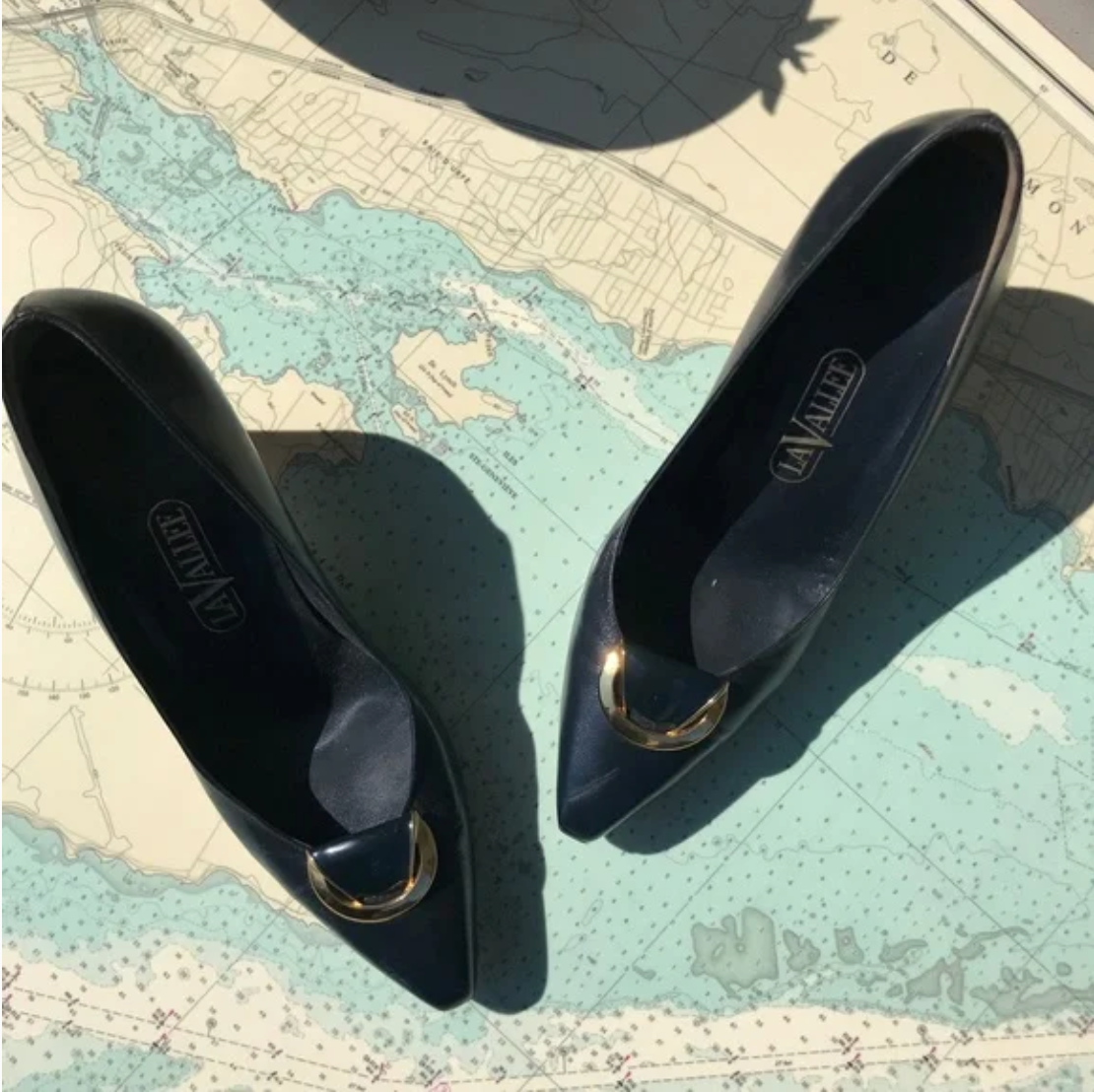 Vintage LaVallee Navy and Gold Leather Pumps