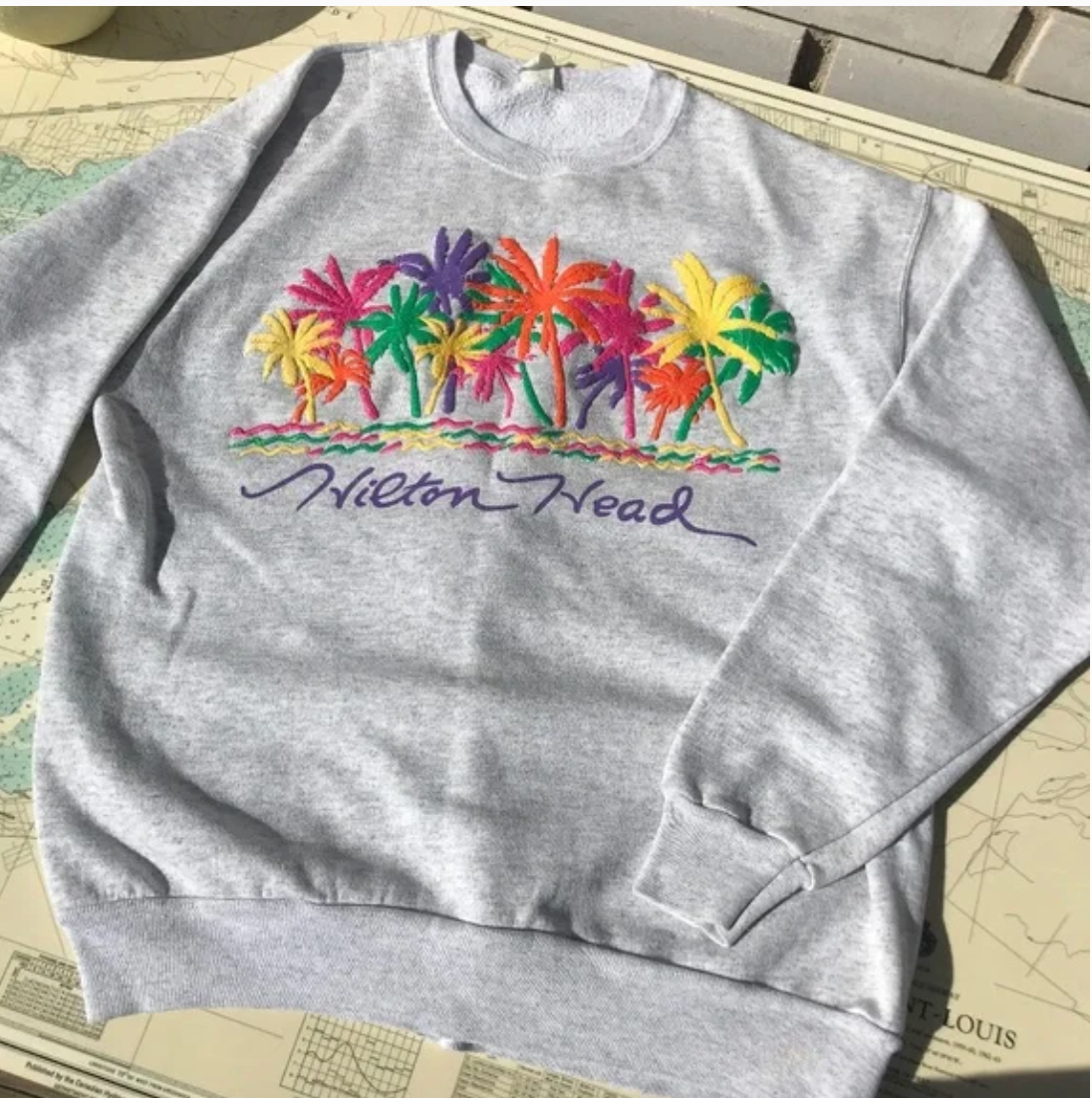 Vintage 90s Neon Palm Tree Hilton Head Tourism Sweatshirt
