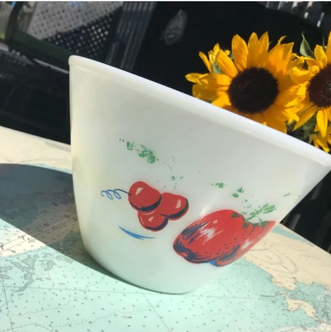 Vintage Fire King Apple & Cherries Milk Glass Mixing Bowl